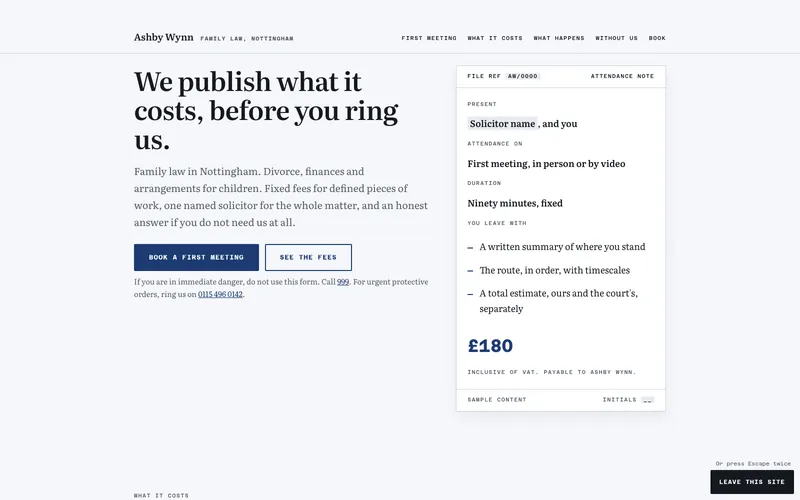 Ashby Wynn template: a family law homepage publishing what a first meeting costs, laid out as an attendance note