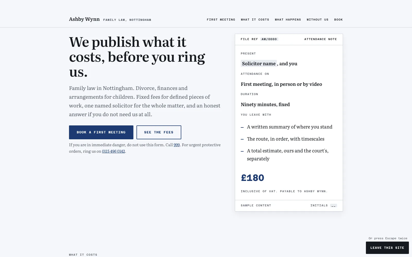 Ashby Wynn template: a family law homepage publishing what a first meeting costs, laid out as an attendance note