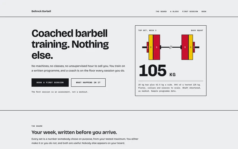 Bellrock Barbell template: a strength gym homepage on a pale board, showing a loaded barbell diagram and a 105 kg top set