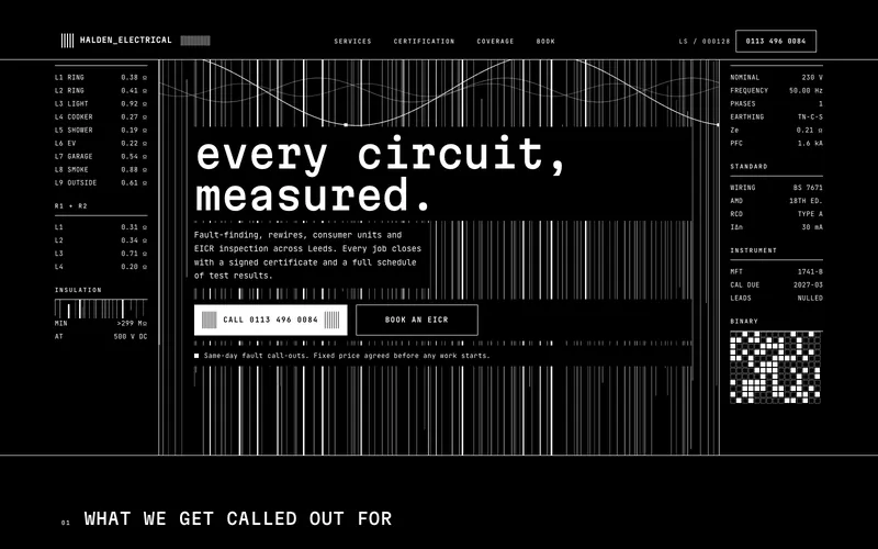 Halden Electrical template: a black electrical contractor homepage reading &lsquo;every circuit, measured&rsquo; beside a field of test readings