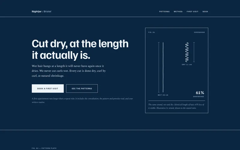 Nightjar template: a deep blue curl salon homepage reading &lsquo;cut dry, at the length it actually is&rsquo; beside a drawing of curl shrinkage