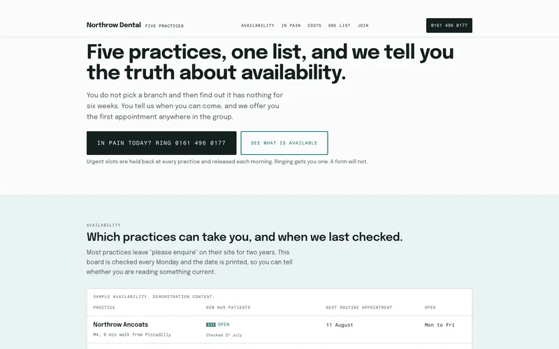 Northrow Dental template: a five-practice dental group homepage publishing which practices can take new patients and when that was checked
