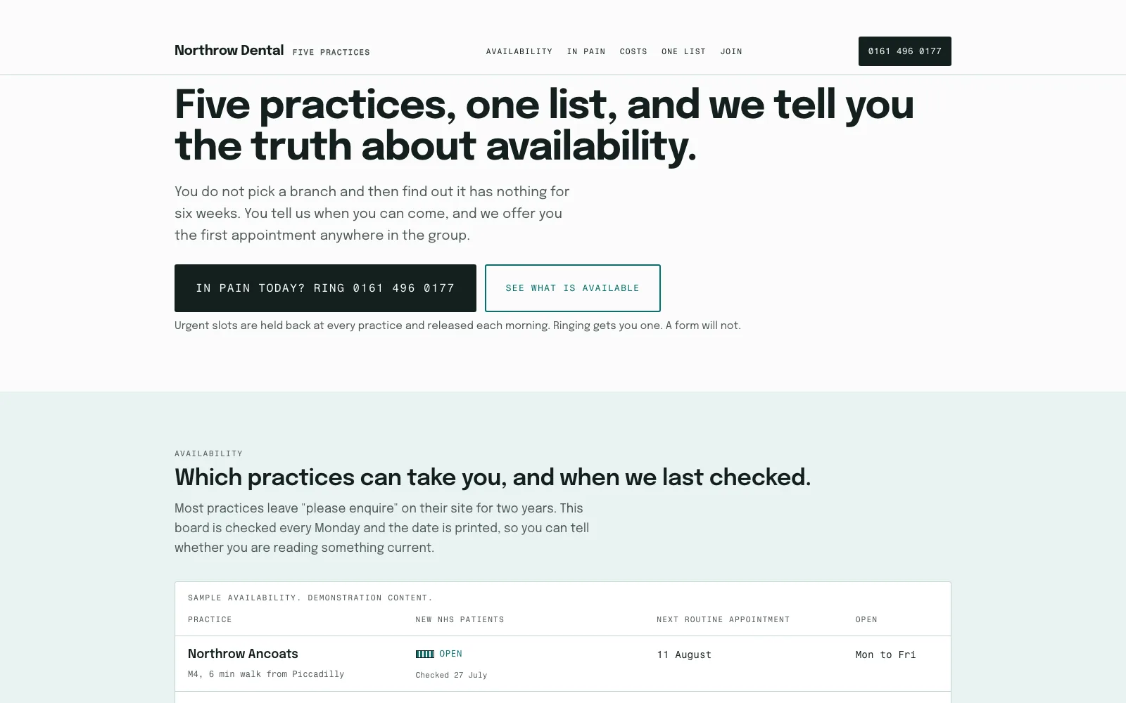 Northrow Dental template: a five-practice dental group homepage publishing which practices can take new patients and when that was checked